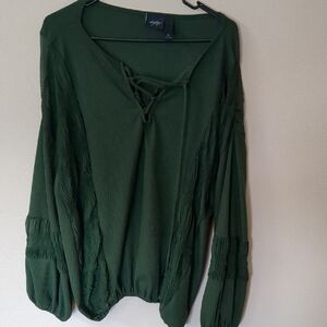 Green Lace-Up Blouse Daytrip Xl Sheer Sides